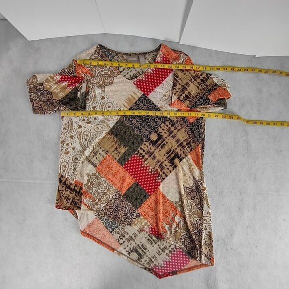 Chico's Women's Bohemian Patchwork, Asymmetrical Hem Pullover Blouse Size 2 (L) - Picture 7 of 15
